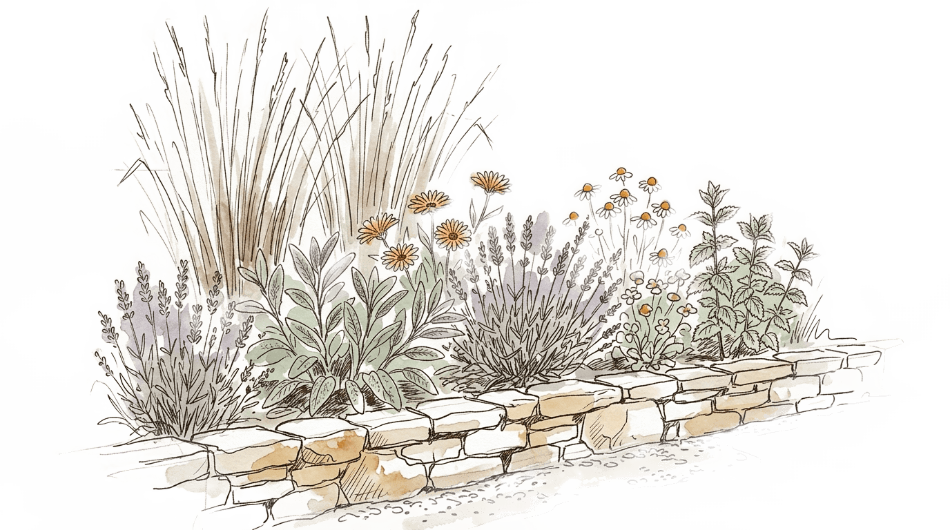 Ein Gartenbeet: Salbei, Lavendel, Ringelblume
