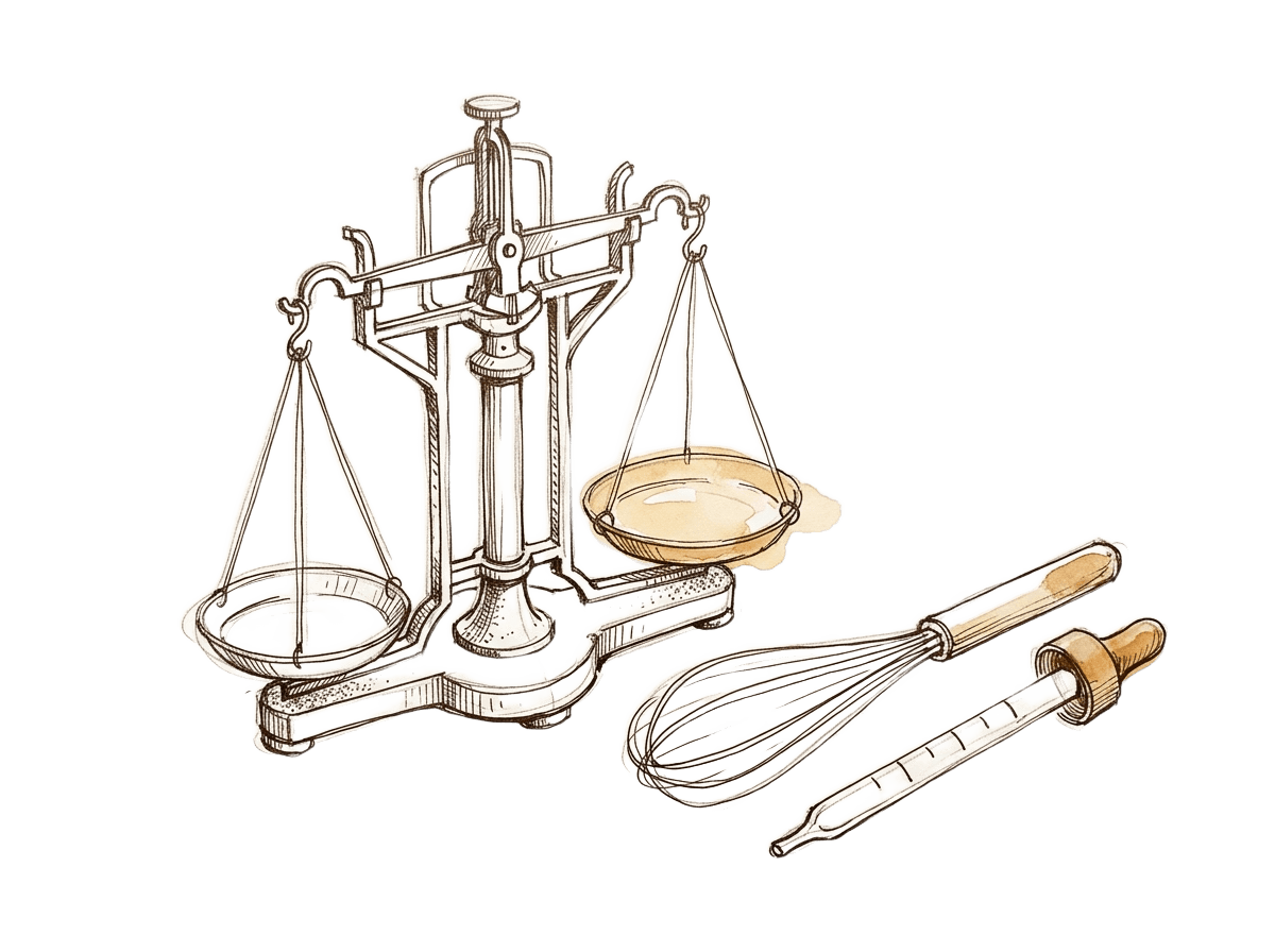 Juwelierwaage, Schneebesen, Thermometer